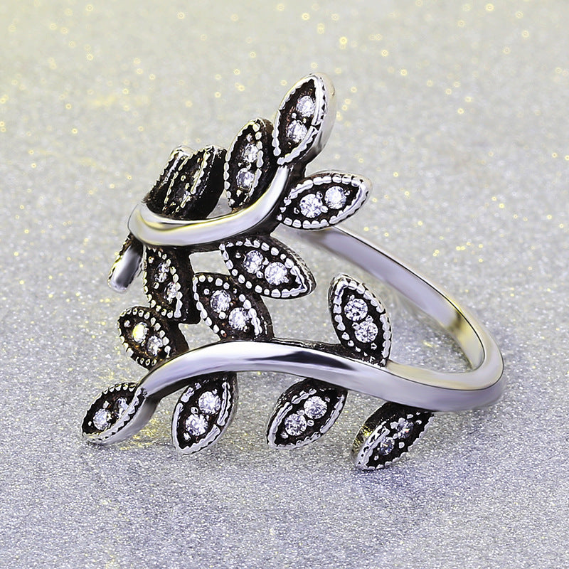 Tree of Life Black Vintage Rings-Adjustable Zircon Leaf Design