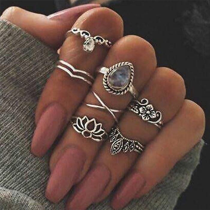 Vintage openwork carved large gem lotus shape 7-piece set ring heart-shaped ring
