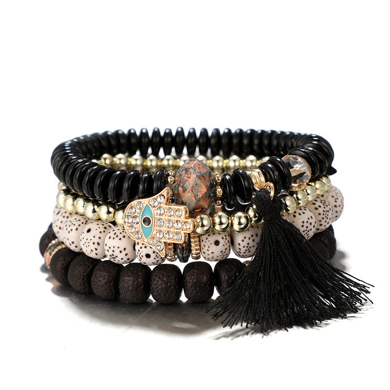 Wooden Bead Eye Palm Alloy Beaded Bracelet 4-piece Set