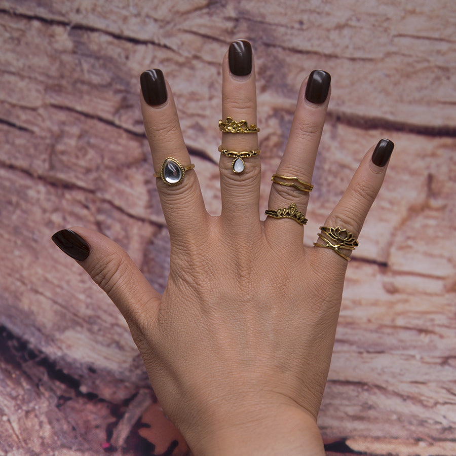 Vintage openwork carved large gem lotus shape 7-piece set ring heart-shaped ring