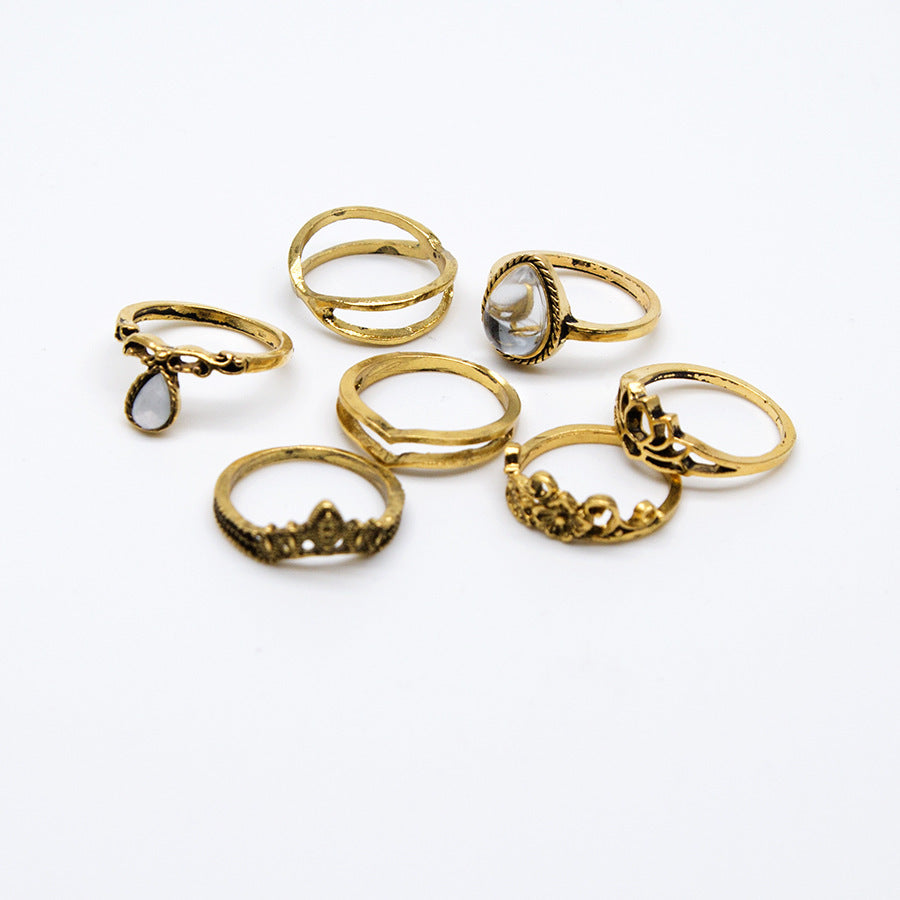 Vintage openwork carved large gem lotus shape 7-piece set ring heart-shaped ring