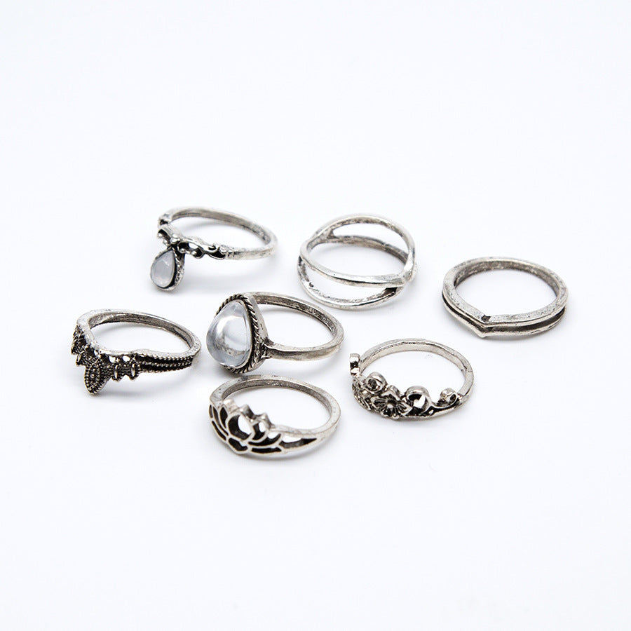 Vintage openwork carved large gem lotus shape 7-piece set ring heart-shaped ring