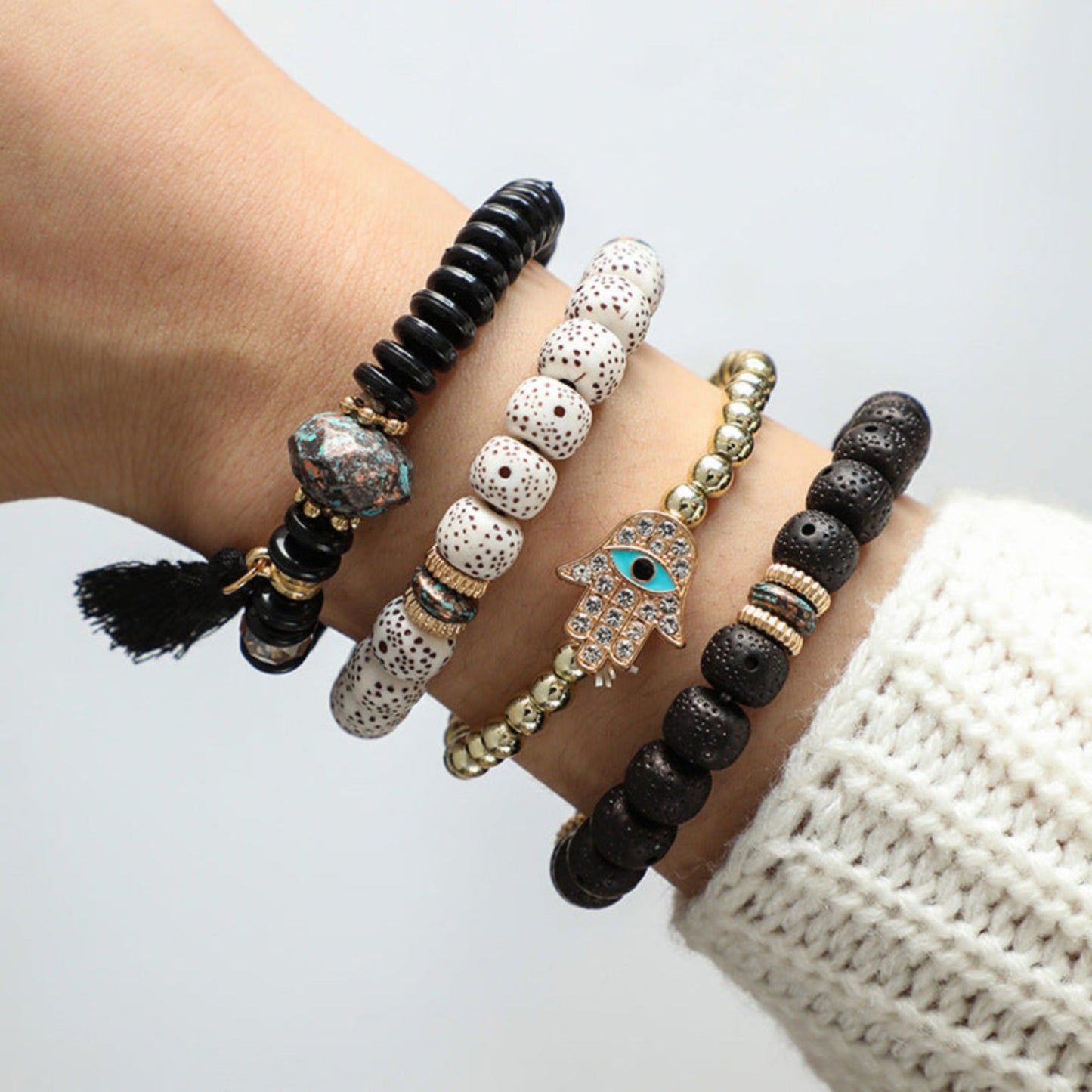 Wooden Bead Eye Palm Alloy Beaded Bracelet 4-piece Set
