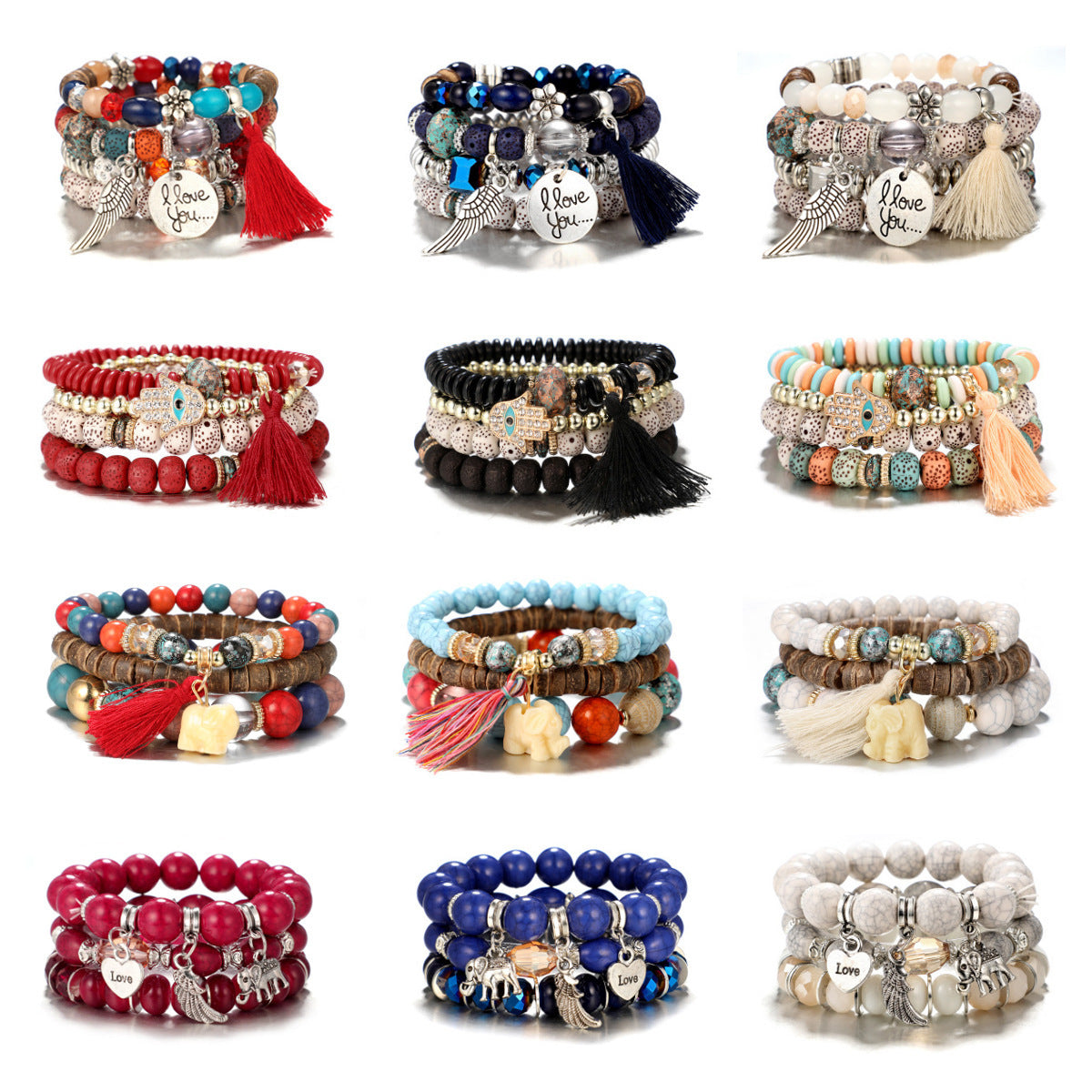 Wooden Bead Eye Palm Alloy Beaded Bracelet 4-piece Set