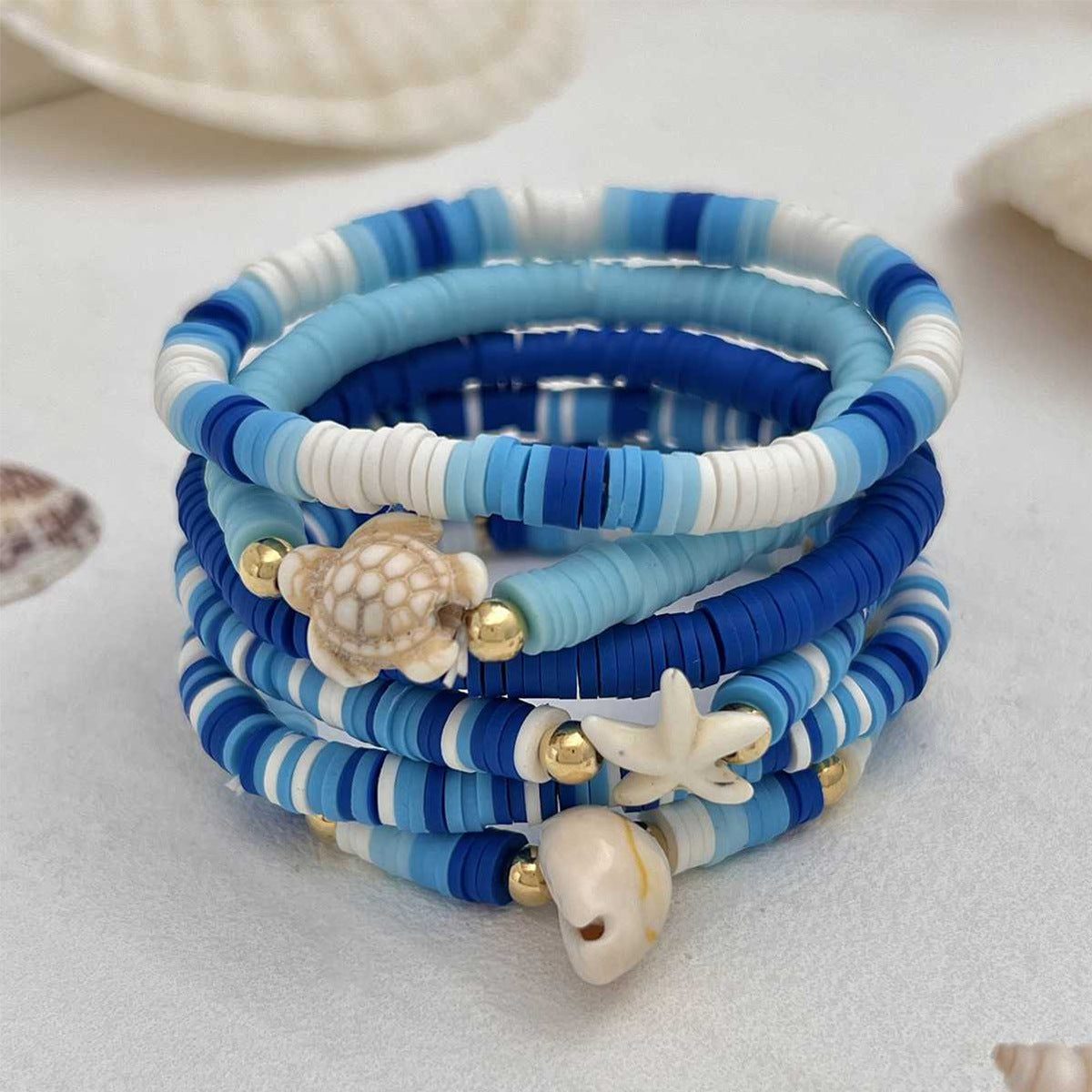 Bohemian Blue Polymer Clay Handmade Shell Bracelet Suit