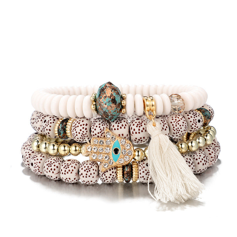Wooden Bead Eye Palm Alloy Beaded Bracelet 4-piece Set