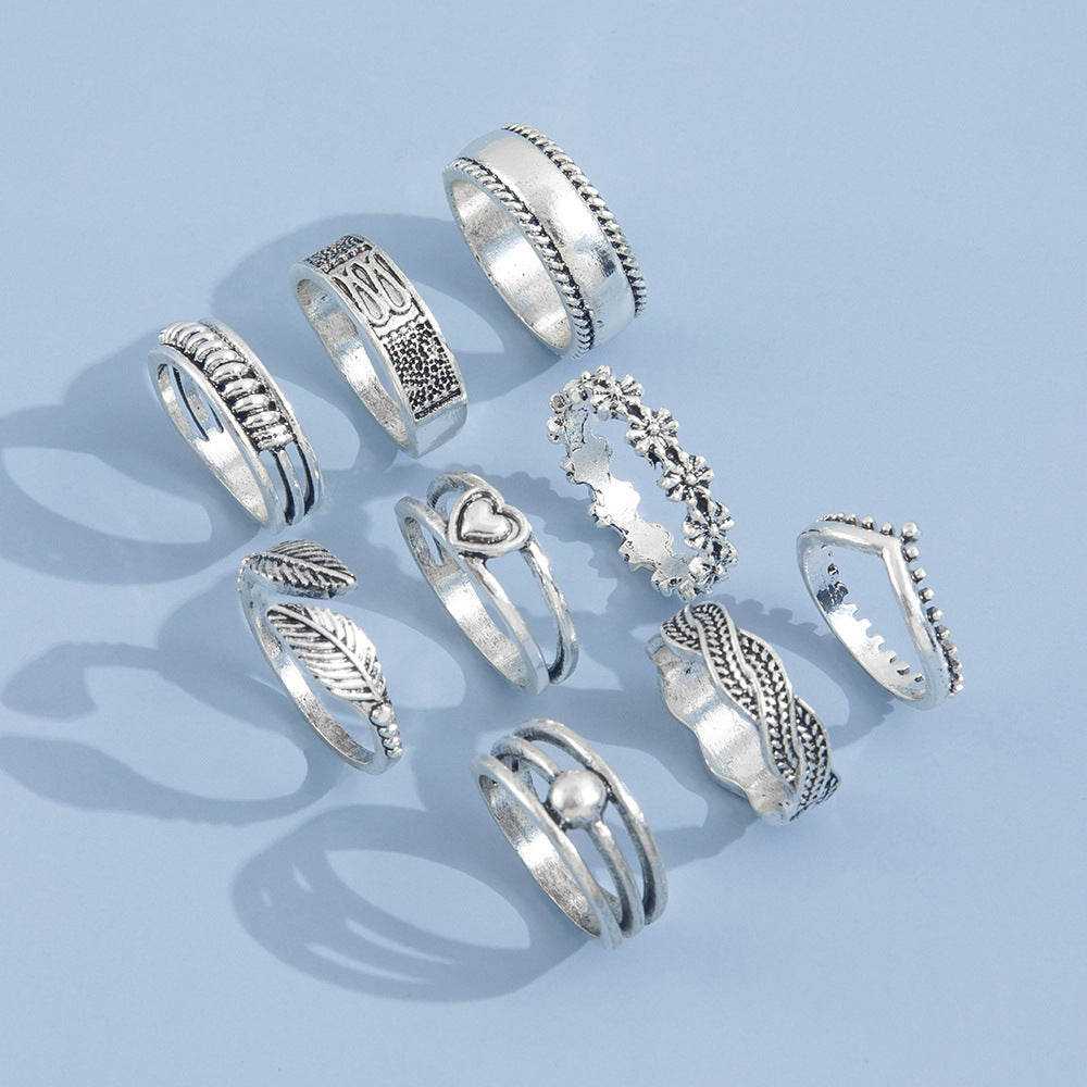 Foreign Trade Women's Ins Fashion Vintage Leaves Flower Love Geometric Ring Set Nine-piece Set