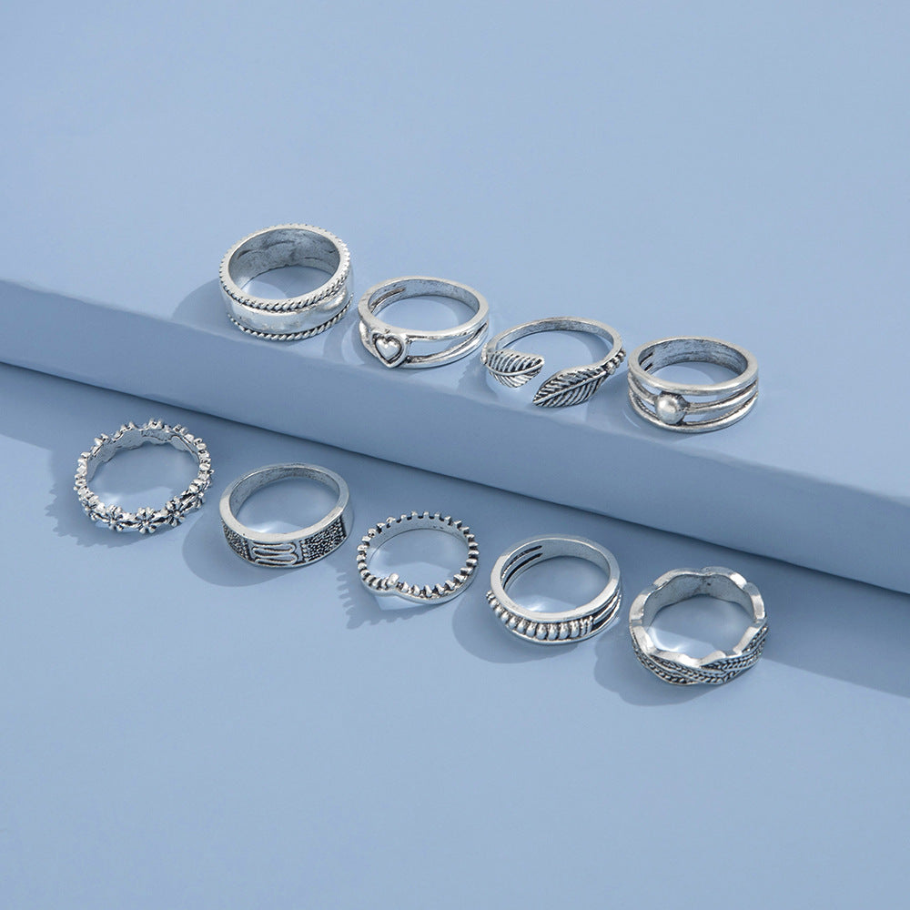 Foreign Trade Women's Ins Fashion Vintage Leaves Flower Love Geometric Ring Set Nine-piece Set