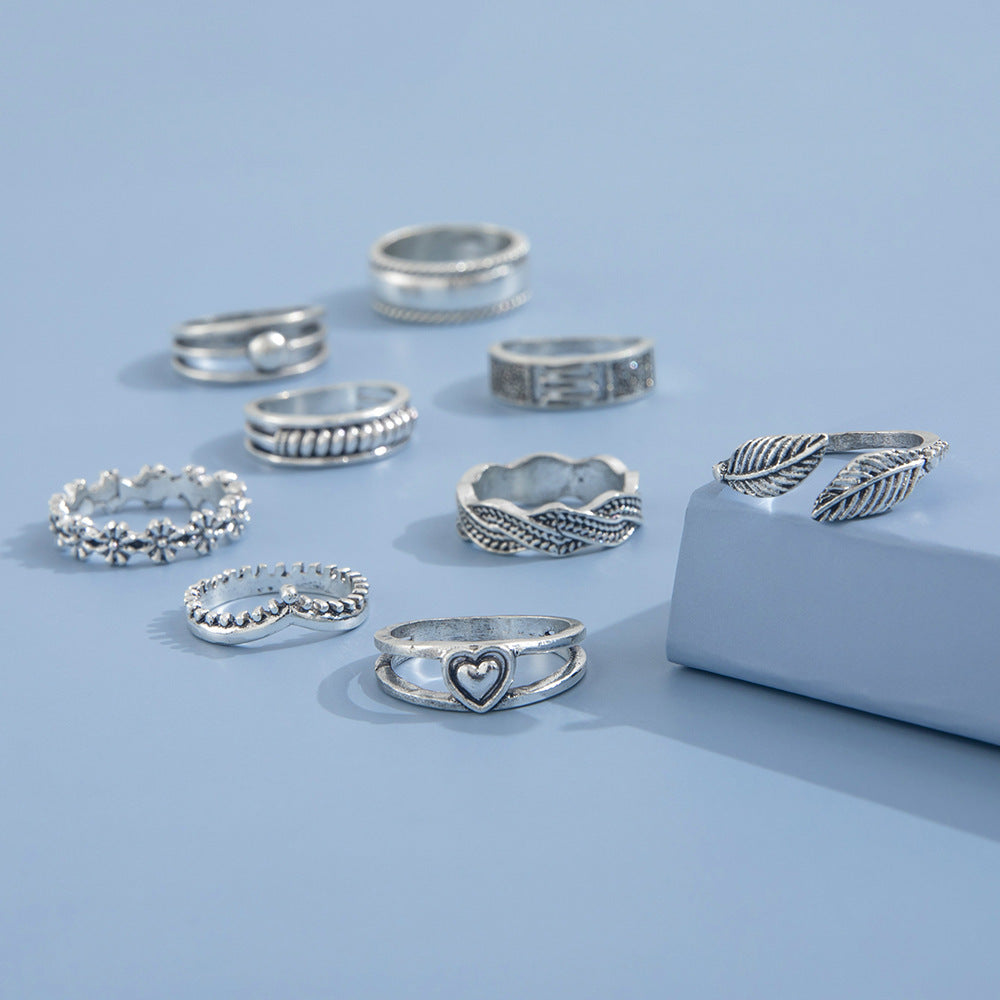 Foreign Trade Women's Ins Fashion Vintage Leaves Flower Love Geometric Ring Set Nine-piece Set