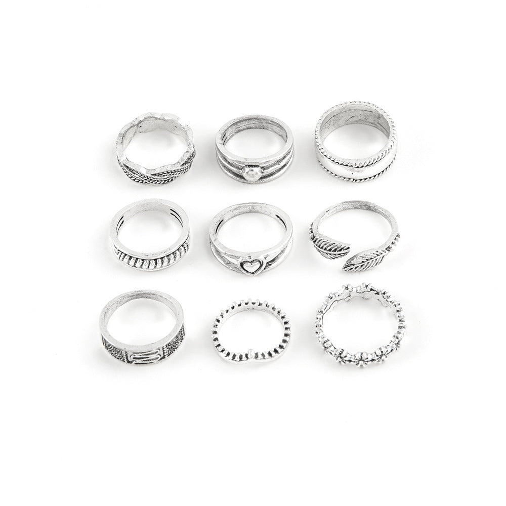 Foreign Trade Women's Ins Fashion Vintage Leaves Flower Love Geometric Ring Set Nine-piece Set